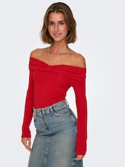 ONLY Red Long Sleeve Off Shoulder Bow Top - Image 5 of 7