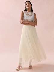 Ecru Pleated Mesh Tulle Maxi Skirt - Image 1 of 1