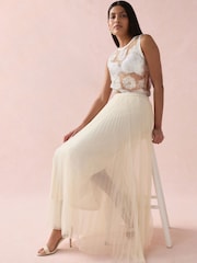 Ecru Pleated Mesh Tulle Maxi Skirt - Image 2 of 9