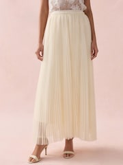 Ecru Pleated Mesh Tulle Maxi Skirt - Image 3 of 9