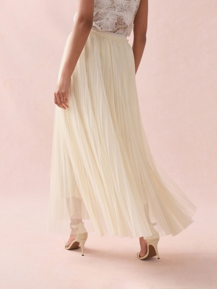 Ecru Pleated Mesh Tulle Maxi Skirt - Image 4 of 9