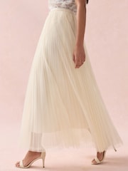Ecru Pleated Mesh Tulle Maxi Skirt - Image 5 of 9