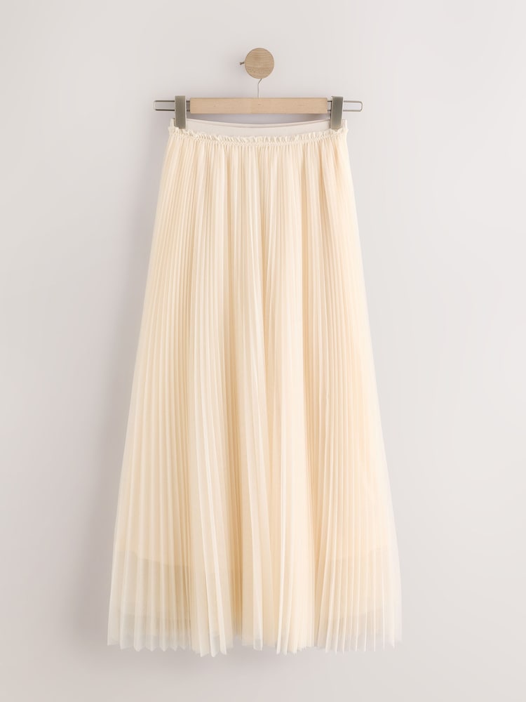 Ecru Pleated Mesh Tulle Maxi Skirt - Image 7 of 9