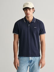 GANT Navy Blue Tipped Collar Pique 100% Cotton Polo Shirt - Image 1 of 5