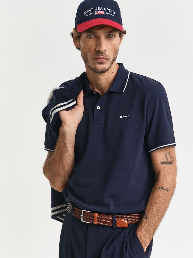 GANT Navy Blue Tipped Collar Pique Polo Shirt - Image 1 of 4 GANT Navy Blue Tipped Collar Pique Polo Shirt - Image 1 of 4