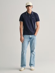 GANT Navy Blue Tipped Collar Pique 100% Cotton Polo Shirt - Image 4 of 5