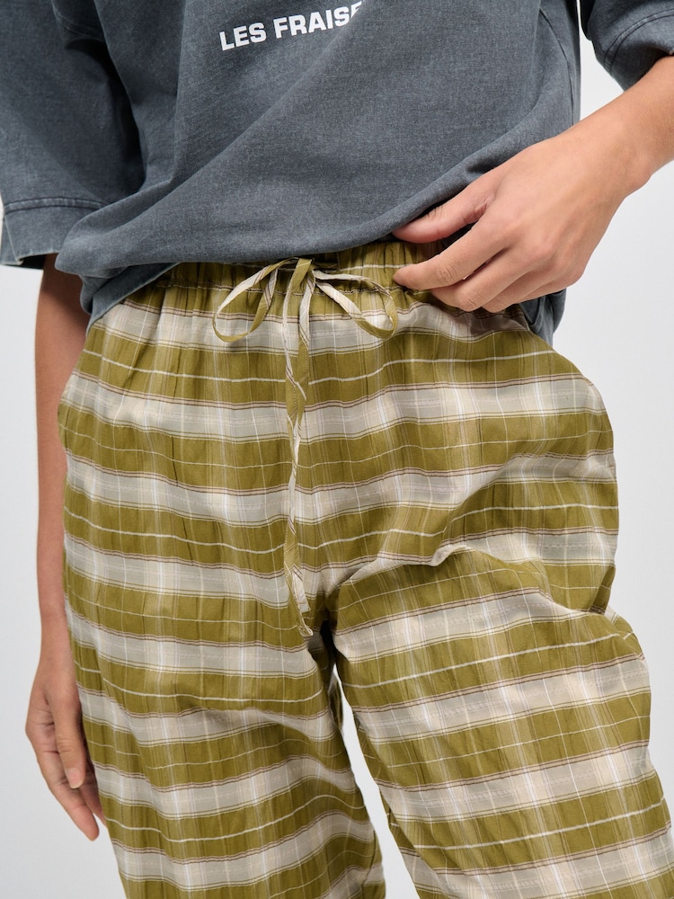 Green/White Wide Leg Pull On Check Trousers - Image 4 of 4