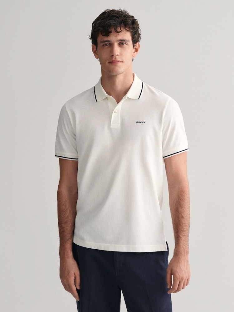 GANT White Tipped Collar Pique 100% Cotton Polo Shirt - Image 2 of 5