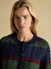 Joules Rafferty Navy & Green Striped Cable Knit Cardigan - Image 7 of 11