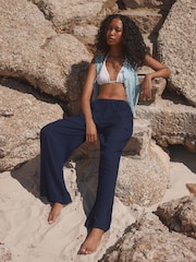 Navy Solid Wide Leg Trousers with Linen - Image 1 of 8