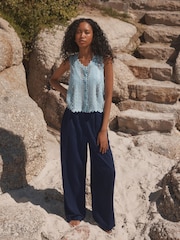 Navy Solid Wide Leg Trousers with Linen - Image 2 of 8
