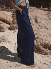 Navy Solid Wide Leg Trousers with Linen - Image 3 of 8