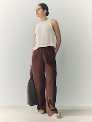 Chocolate Brown Wide Leg Trousers with Linen - Image 1 of 8