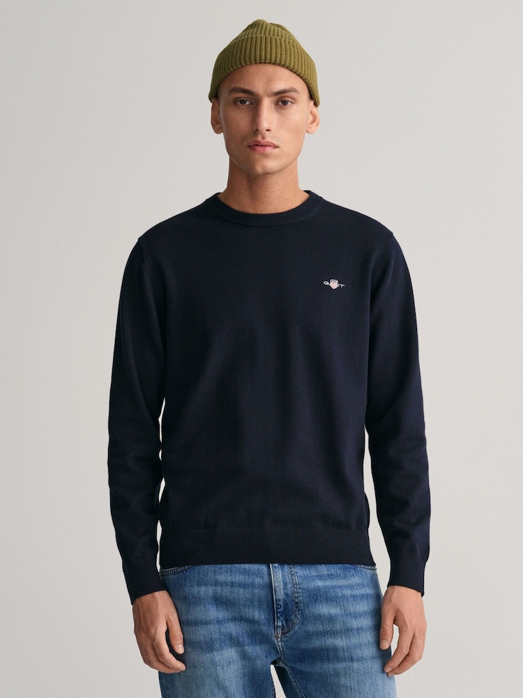 GANT Blue Classic Crew Neck 100% Cotton Jumper - Image 1 of 8