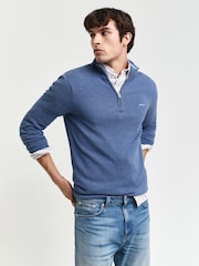 Синий - GANT Classic Half Zip 100% Cotton Jumper - Image 1 of 5