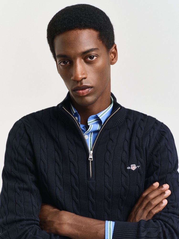 GANT Blue Cable Half Zip 100% Cotton Jumper - Image 4 of 5