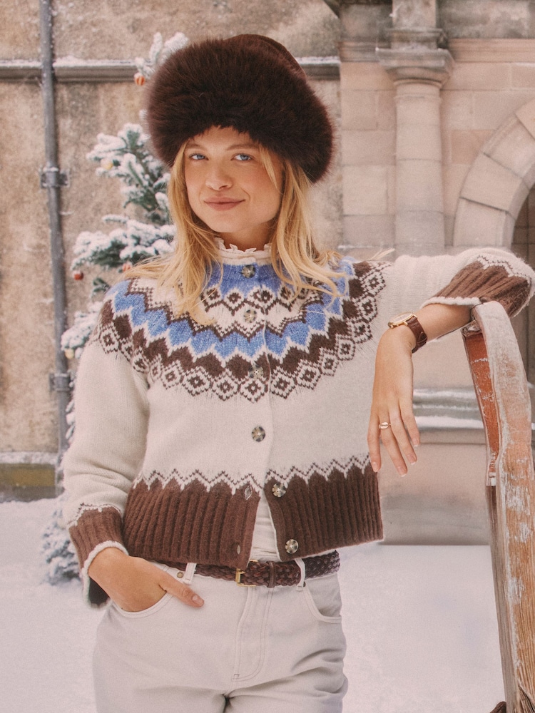 Joules Fairisle Yoke Cream/Blue Knitted Cardigan - Image 1 of 11 Joules Fairisle Yoke Cream/Blue Knitted Cardigan - Image 1 of 11