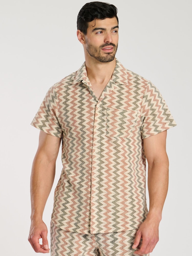 South Beach Red 100% Cotton Crochet Zig Zag Stripe Short Sleeve Shirt - Image 1 of 1