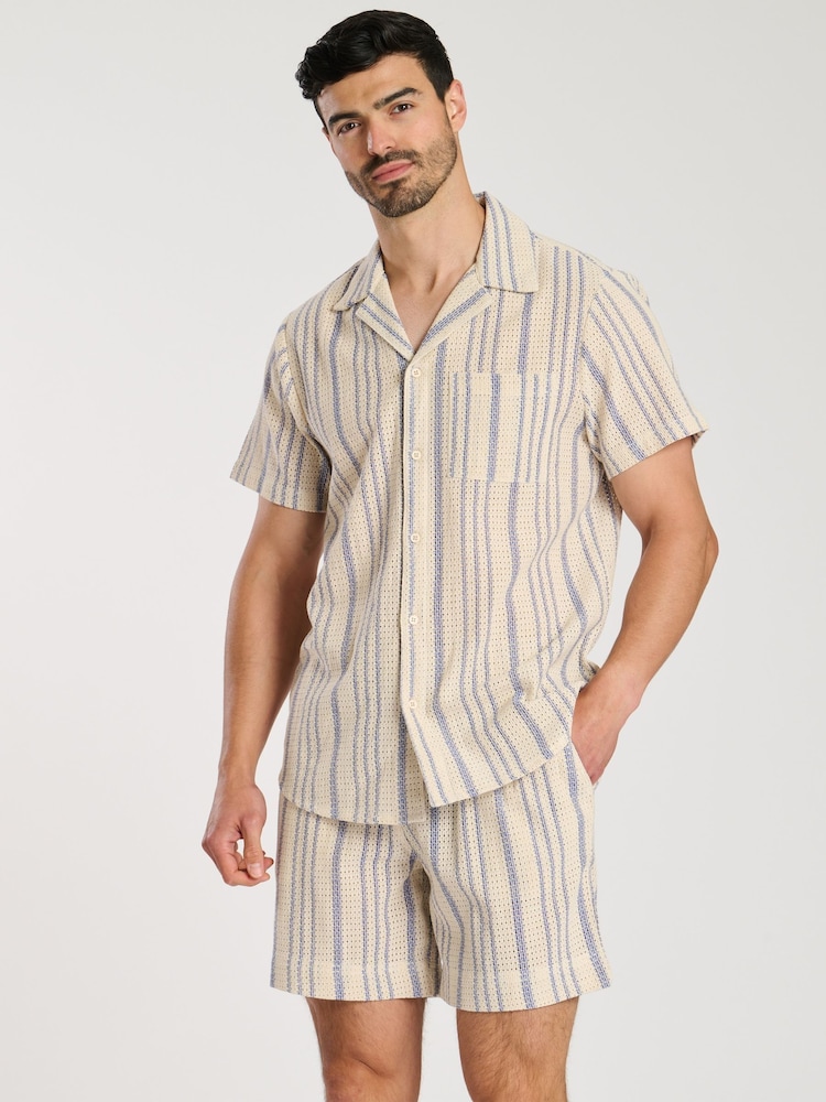 South Beach Blue Crochet Stripe 100% Cotton Shorts - Image 1 of 5