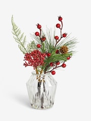 Red Winter Berry Artificial Bouquet and Glass Vase - Image 1 of 3
