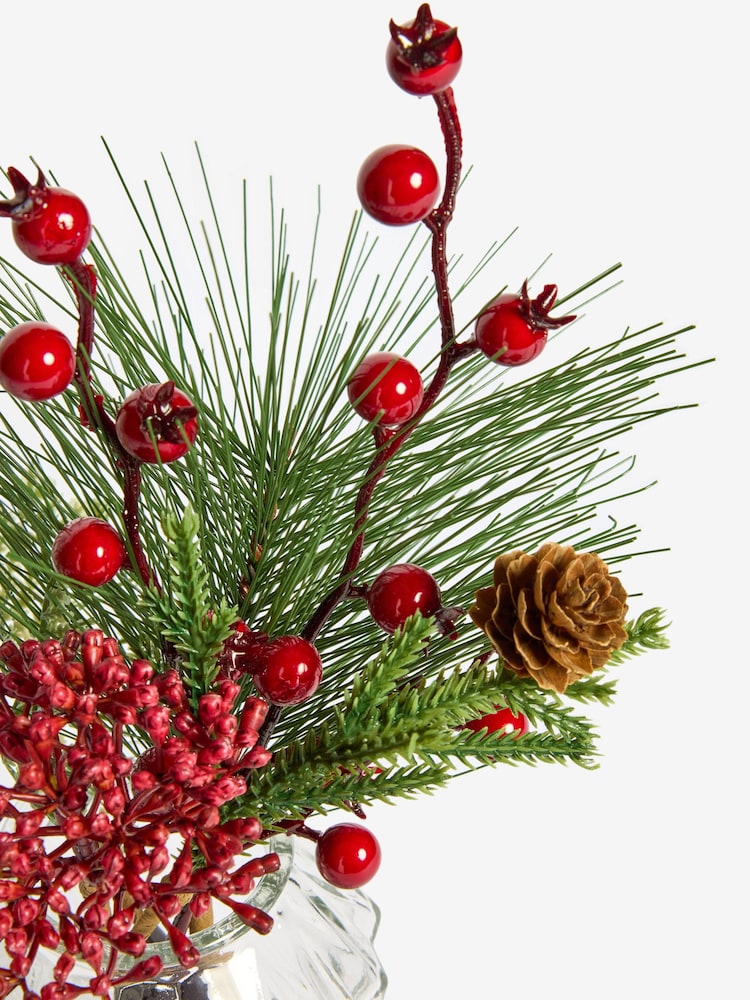 Red Winter Berry Artificial Bouquet and Glass Vase - Image 2 of 3
