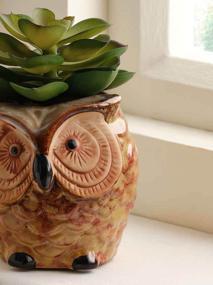 Green Artificial Succulent in Ceramic Owl Pot - Image 2 of 4