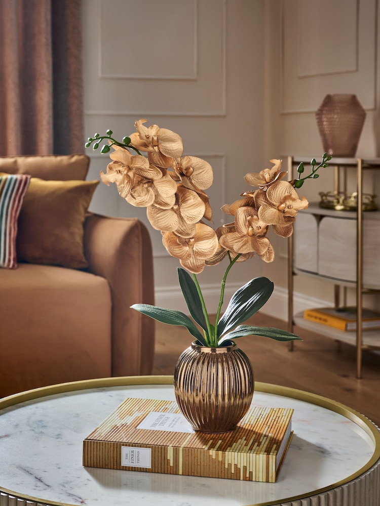 Gold Artificial Orchid Ribbed Vase - Image 1 of 3