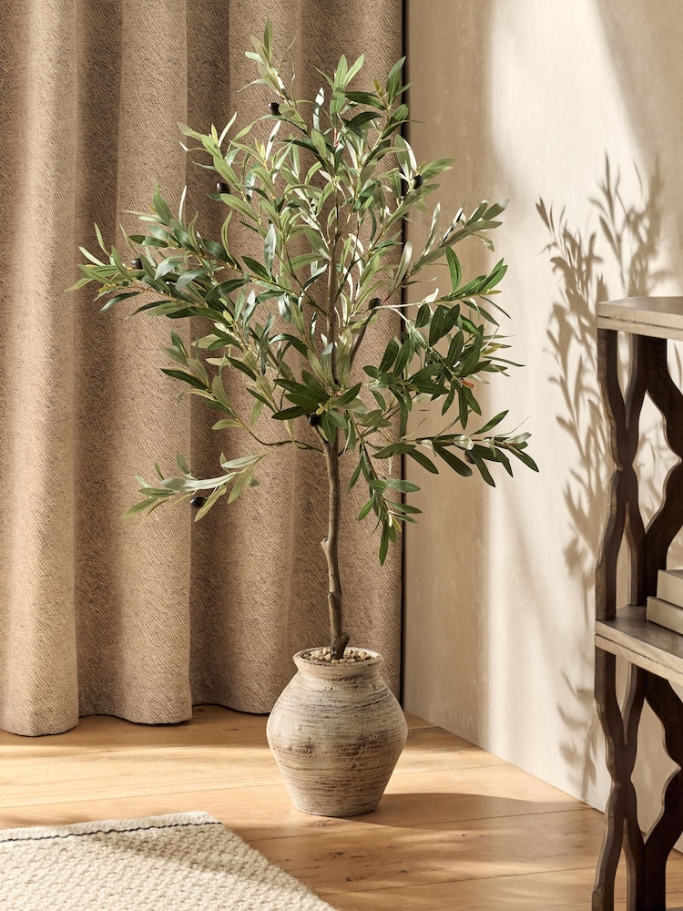 Green Artificial Olive Tree in Distressed Pot - Image 1 of 5 Green Artificial Olive Tree in Distressed Pot - Image 1 of 5