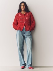 Red 100% Cotton Stitch Knitted Cardigan - Image 1 of 8
