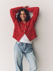 Red 100% Cotton Stitch Knitted Cardigan - Image 2 of 8