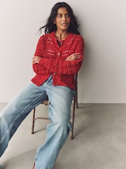 Red 100% Cotton Stitch Knitted Cardigan - Image 3 of 8