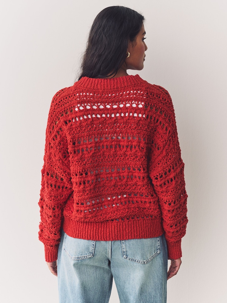 Red 100% Cotton Stitch Knitted Cardigan - Image 4 of 8