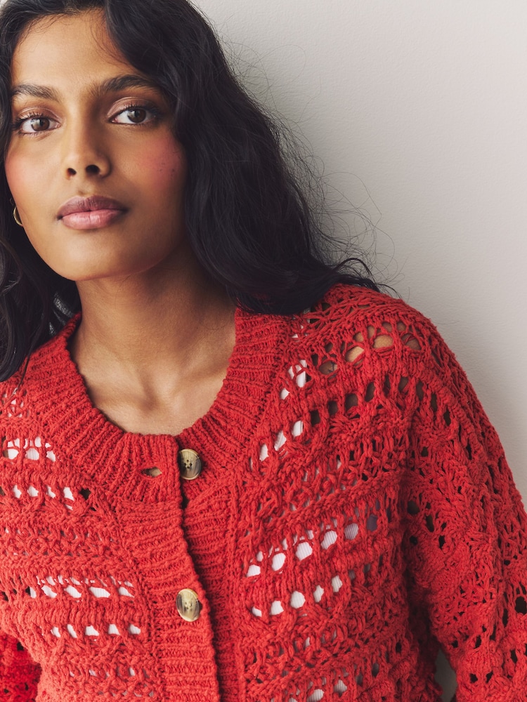 Red 100% Cotton Stitch Knitted Cardigan - Image 5 of 8