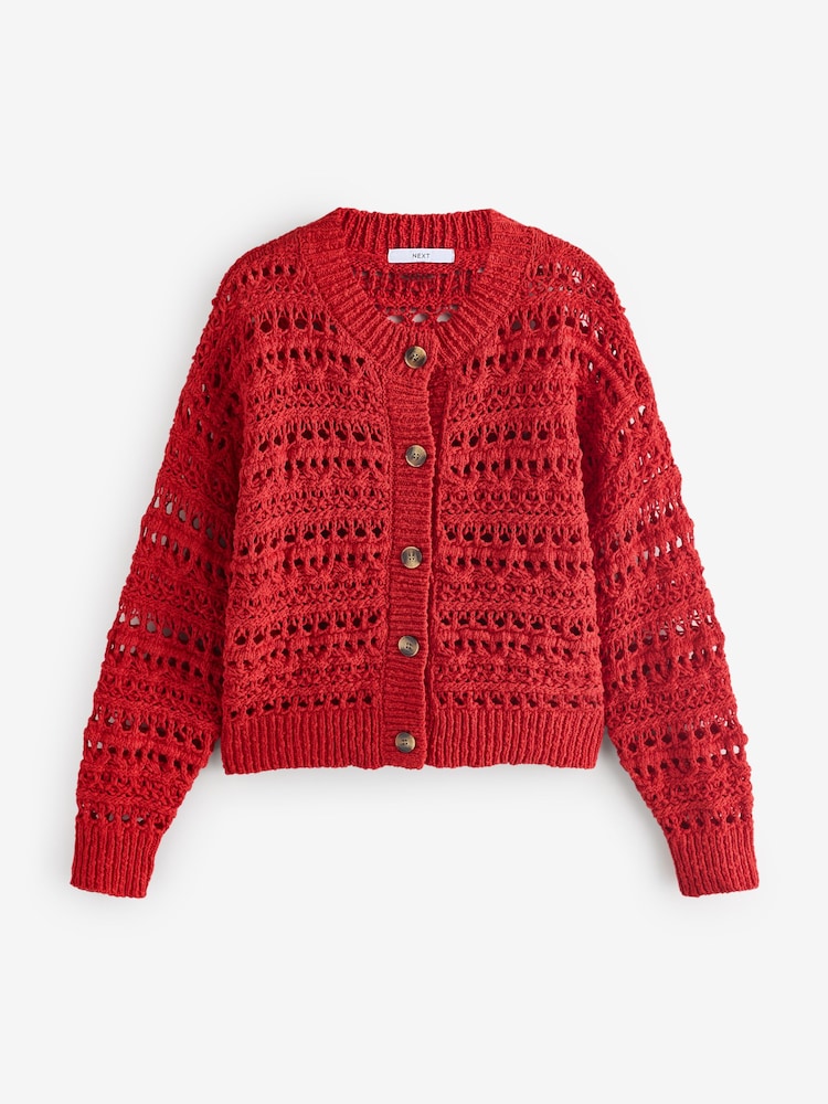 Red 100% Cotton Stitch Knitted Cardigan - Image 6 of 8