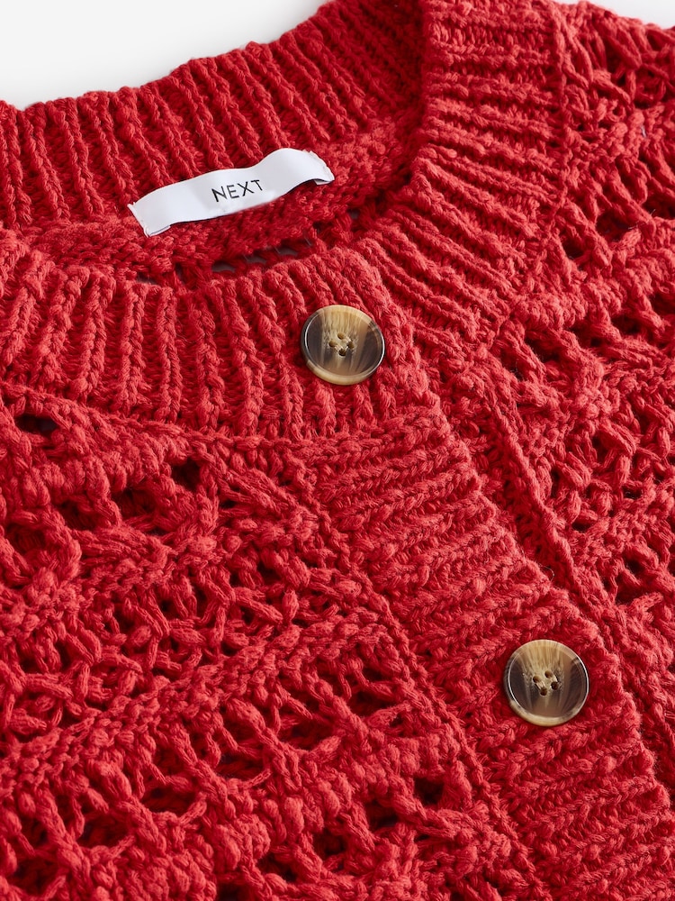 Red 100% Cotton Stitch Knitted Cardigan - Image 7 of 8