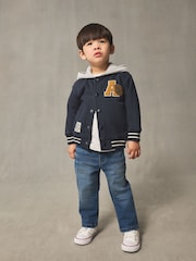 Navy Blue Bear Jersey Bomber Jacket (3mths-7yrs) - Image 2 of 9