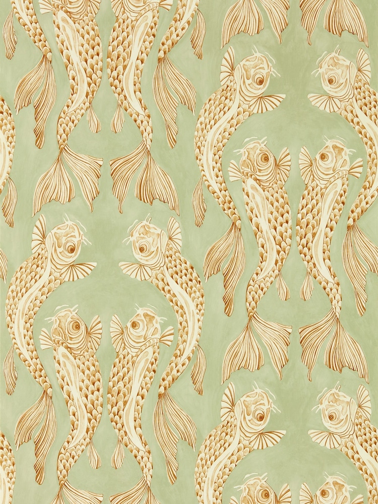 Sanderson Oriental Green Honey Voyaging Koi Wallpaper Sample - Image 1 of 1