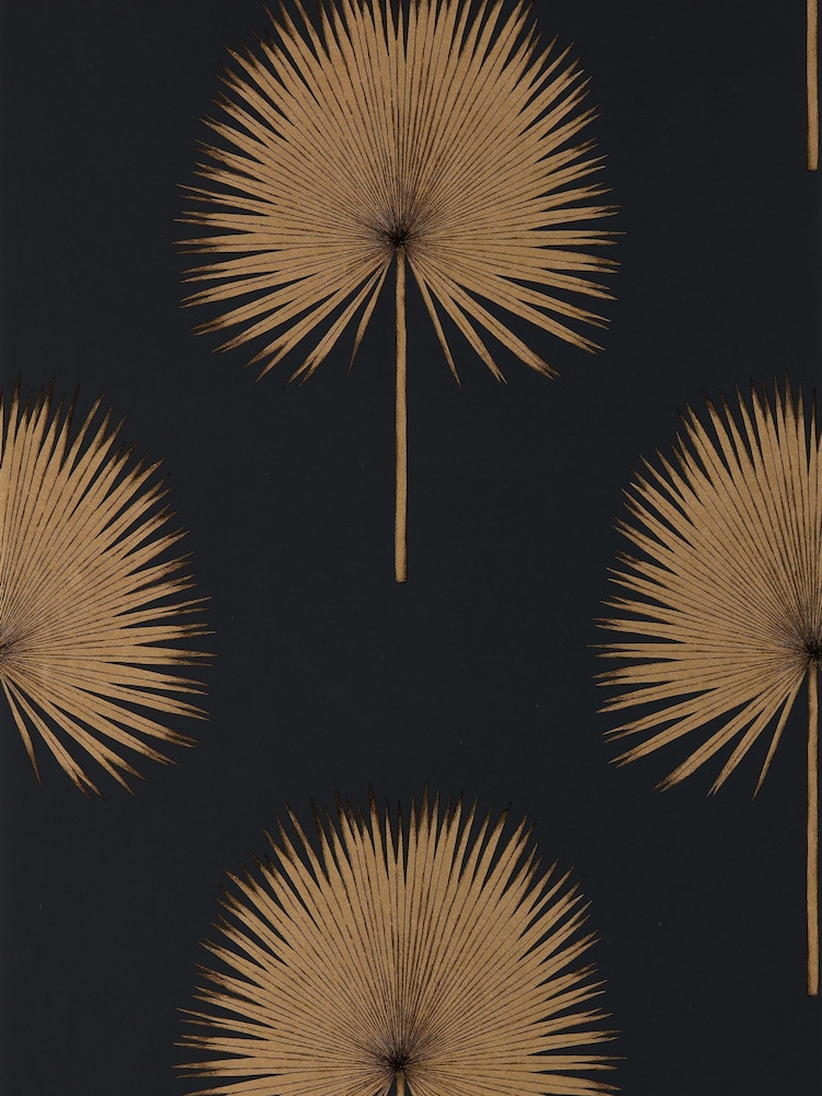 Sanderson Charcoal Gold Fan Palm Wallpaper Sample - Image 1 of 1