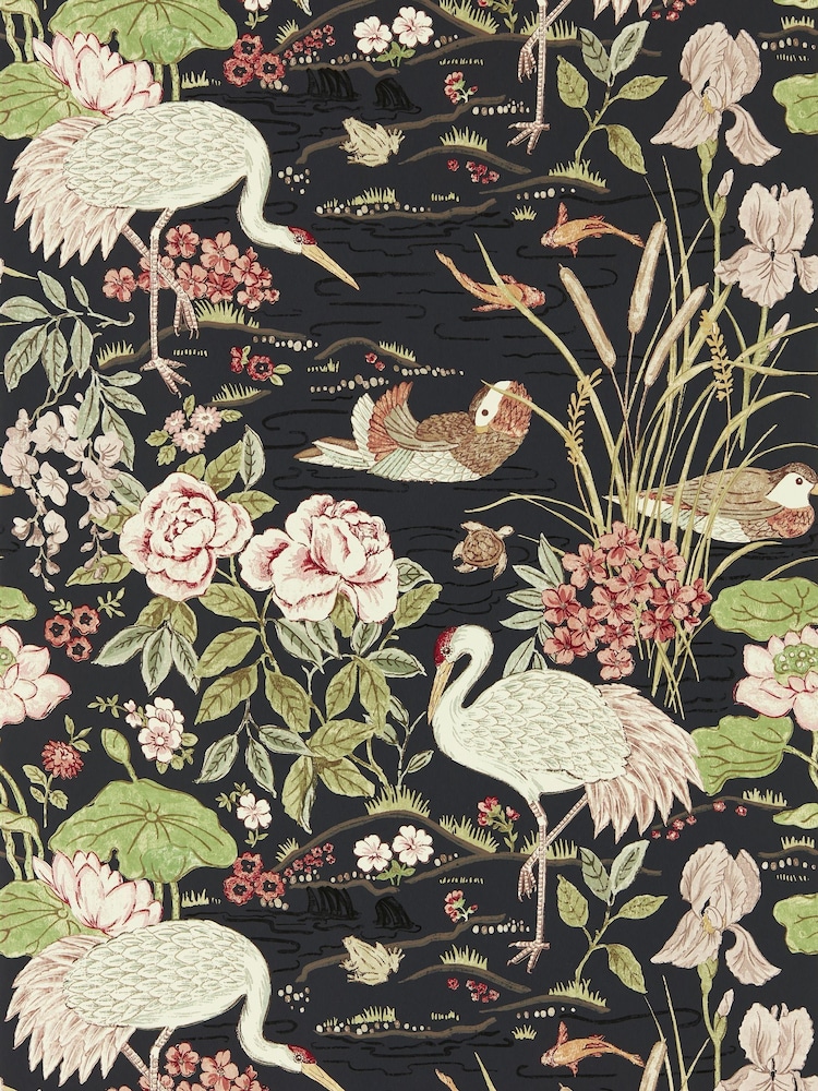 Sanderson Ink Black Multi Crane Frog Wallpaper Sample - Image 1 of 1
