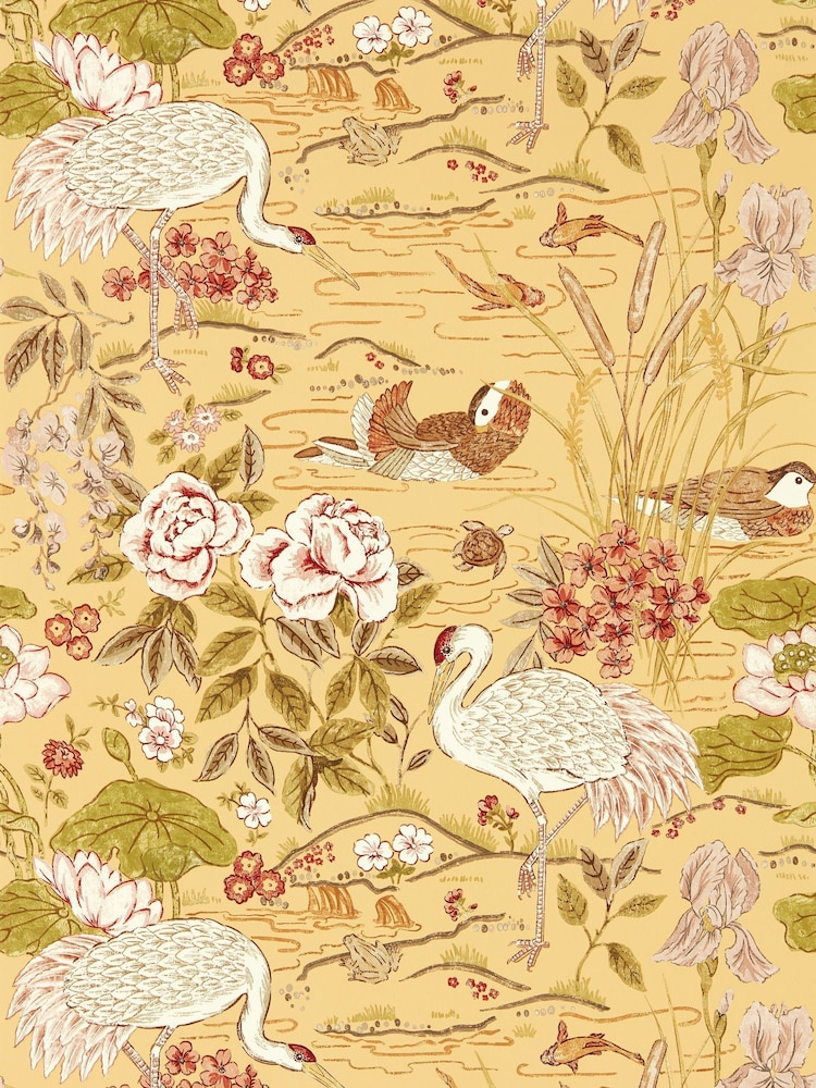 Sanderson Honey Olive Crane Frog Wallpaper Sample - Image 1 of 1