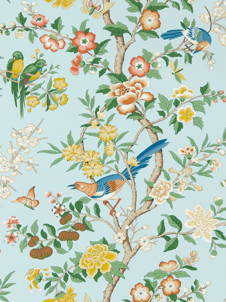 Sanderson Dawn Blue Persimmon Chinoiserie Hall Wallpaper Sample - Image 1 of 1