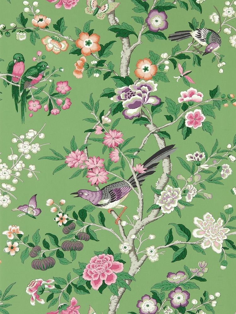 Sanderson Chinese Green Lotus Pink Chinoiserie Hall Wallpaper Sample - Image 1 of 1