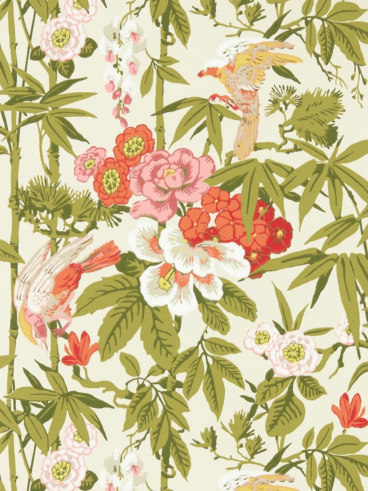 Sanderson Mandarin Red Olive Bamboo Birds Wallpaper Sample - Image 1 of 1
