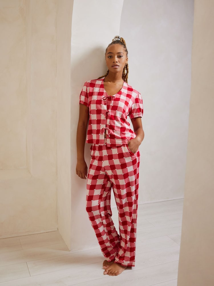 Chelsea Peers Red Gingham Heart Print Long Pyjama Set - Image 1 of 8