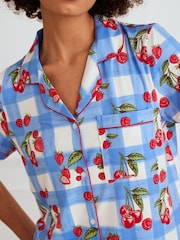 Chelsea Peers Blue Berries & Gingham Print Frill Short Pyjamas Set - Image 2 of 5