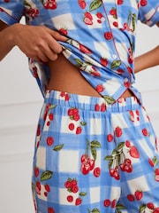 Chelsea Peers Blue Berries & Gingham Print Frill Short Pyjamas Set - Image 4 of 5