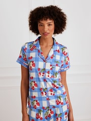 Chelsea Peers Blue Berries & Gingham Print Frill Short Pyjamas Set - Image 5 of 5