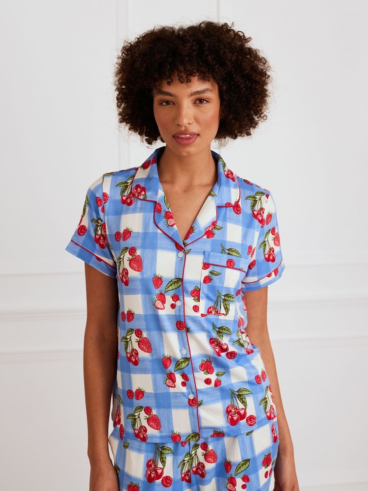 Chelsea Peers Blue Berries & Gingham Print Frill Short Pyjamas Set - Image 5 of 5