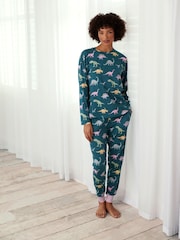 Chelsea Peers Green Dinosaur Print Long Pyjama Set - Image 1 of 5