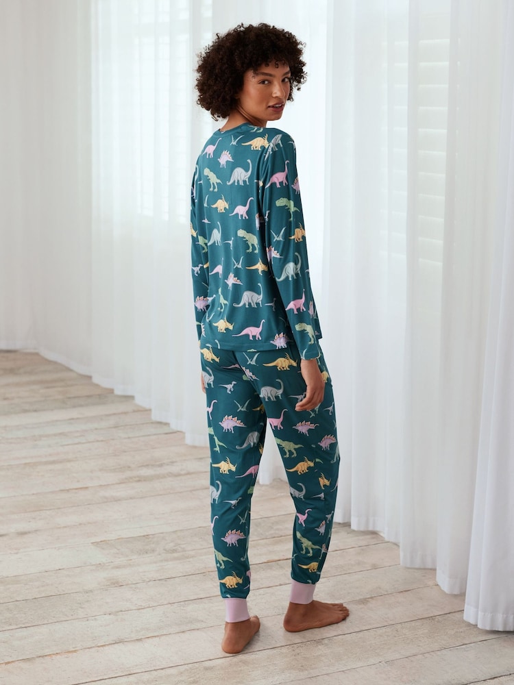 Chelsea Peers Green Dinosaur Print Long Pyjama Set - Image 2 of 5